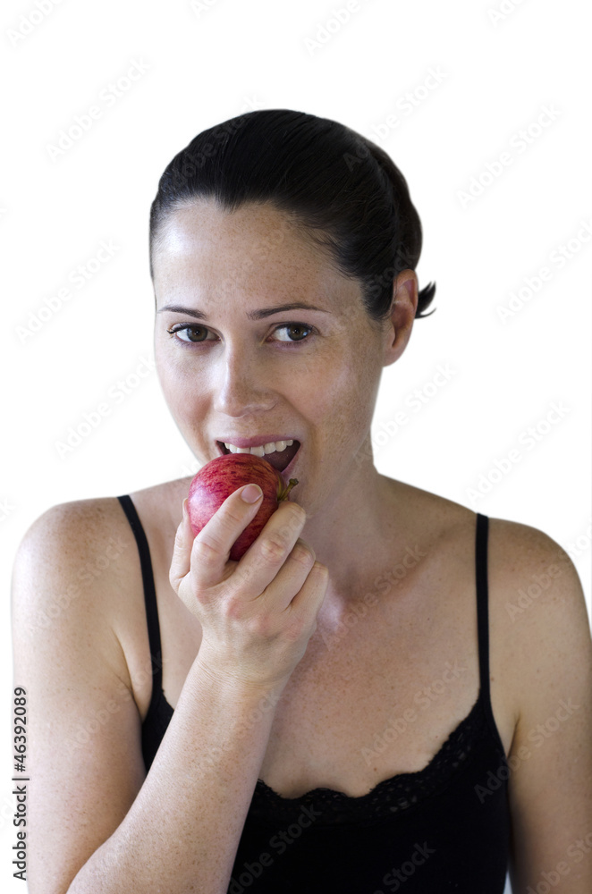 Young woman eats apple on white background Young woman eats apple on white background