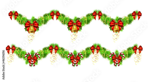 two christmas garlands with golden and red decorations