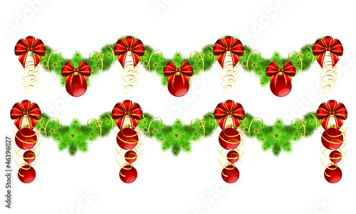 two christmas garlands with golden and red decorations