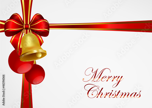 christmas background withgolden bell and red ribbon photo