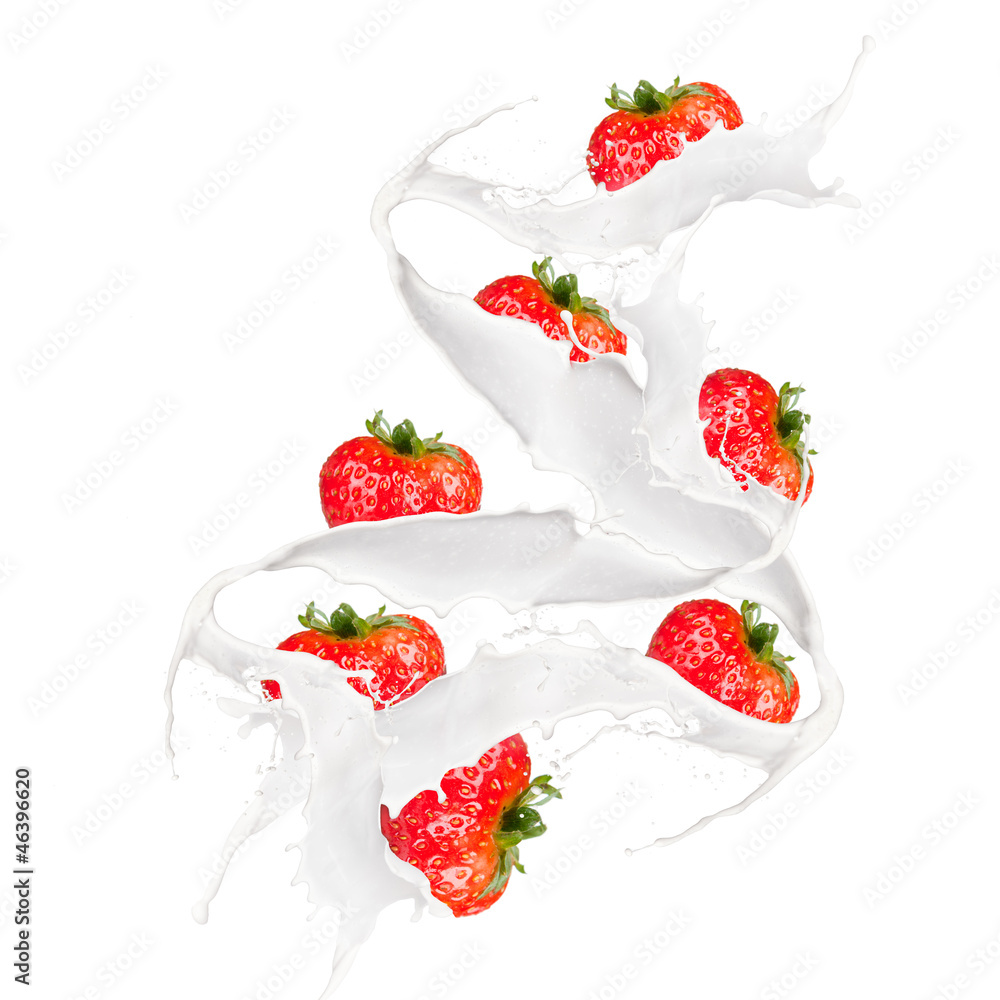 Strawberries in cream splash, isolated on white background Strawberries in cream splash, isolated on white background