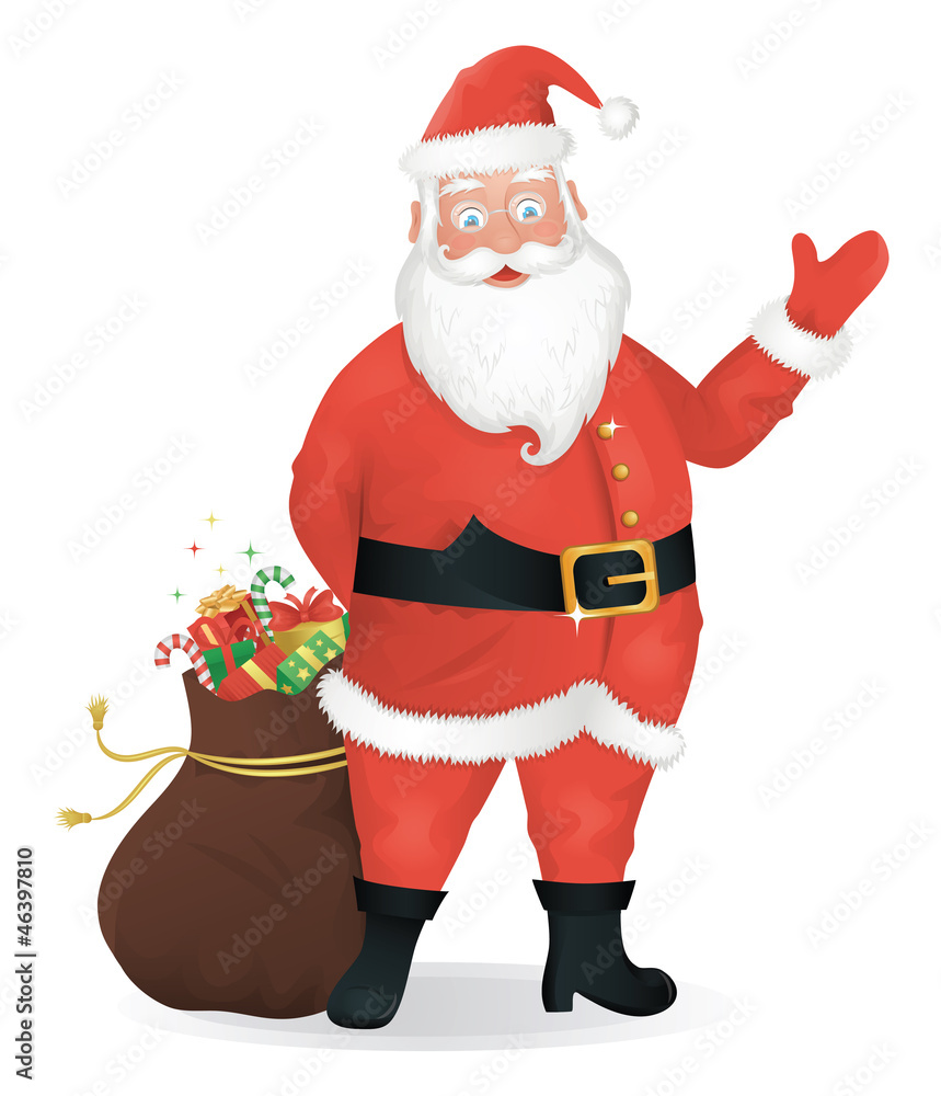 Santa Claus standing with a bag of presents and waving. Santa Claus standing with a bag of presents and waving.