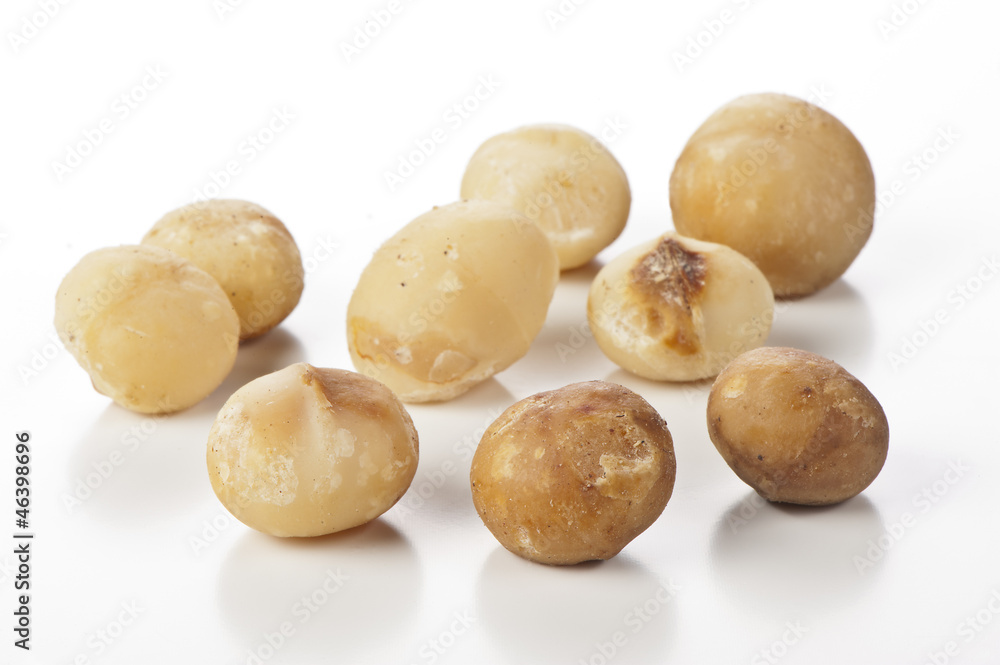 nuts of macadamia on white background nuts of macadamia on white background