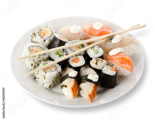 Rolls and sushi in a plate photo