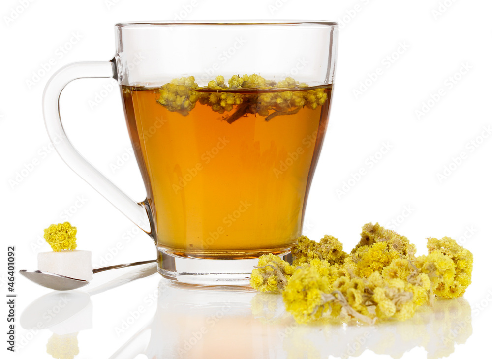 A cup of tea with immortelle isolated on white A cup of tea with immortelle isolated on white