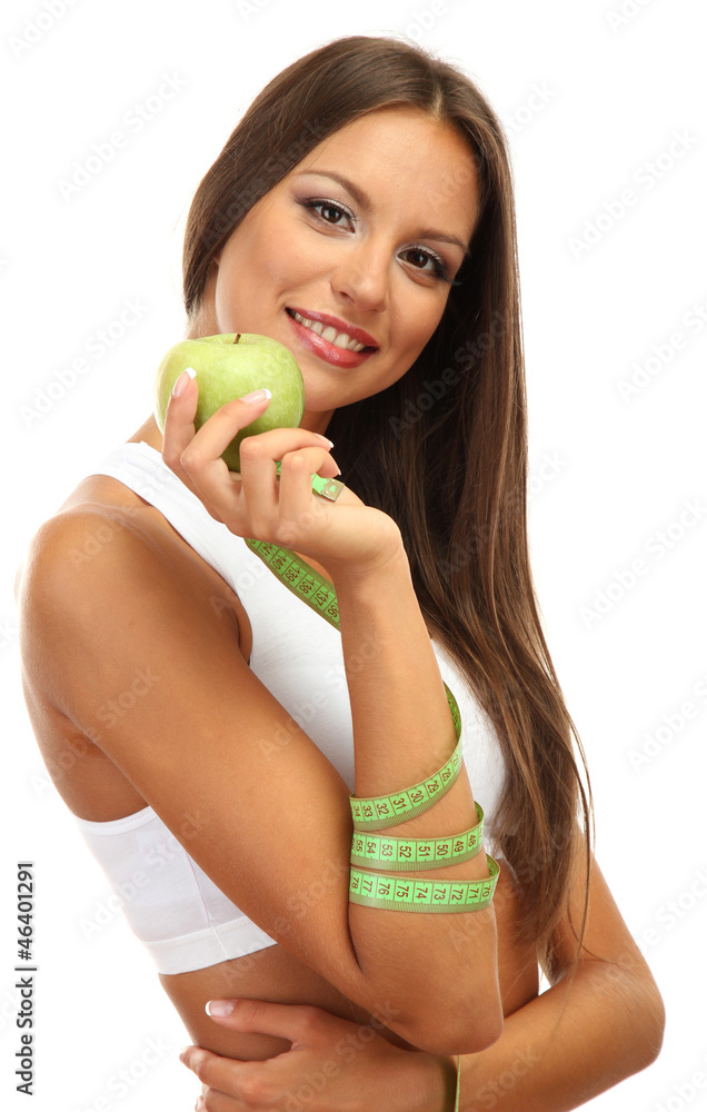beautiful young woman with green apple and measure tape, beautiful young woman with green apple and measure tape,