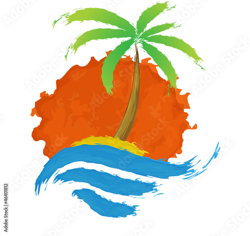 Tropical palm on island with sea. Vector logo.