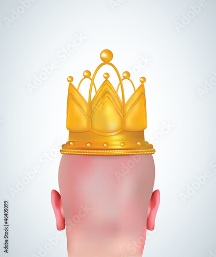 Illustration of realistic bald head with golden crown