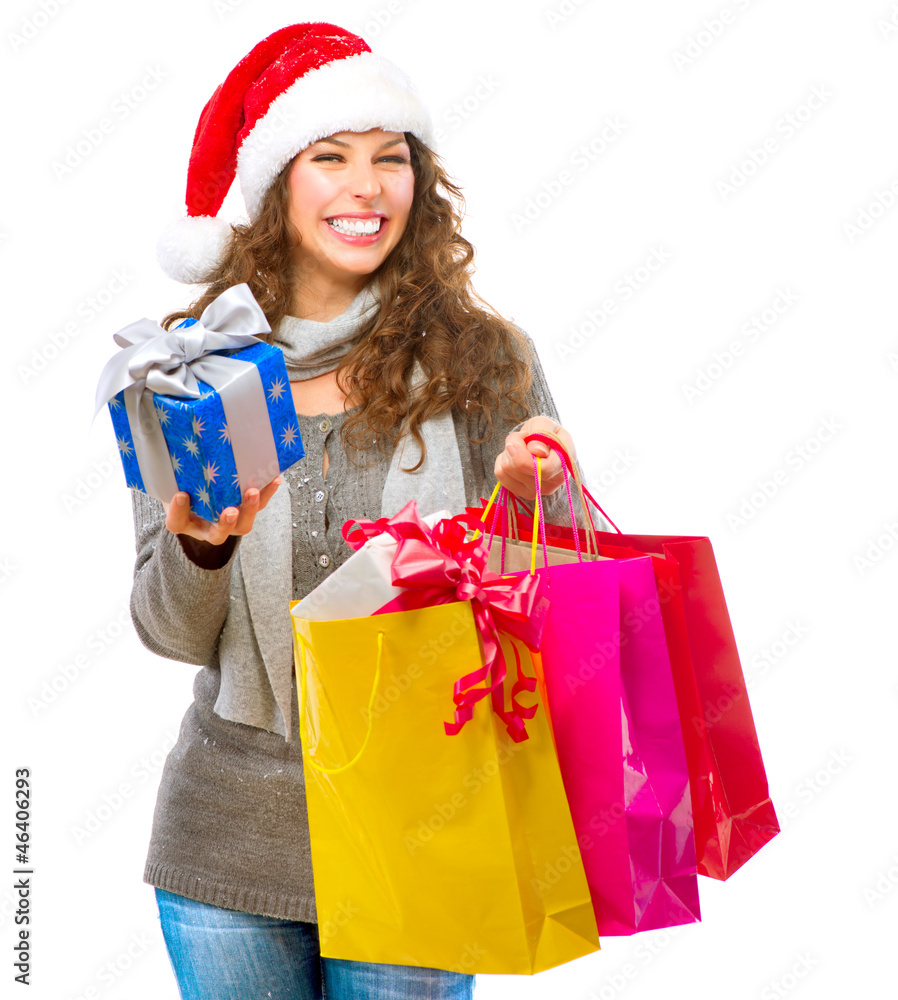 Christmas Shopping. Woman with Bags over White. Sales Christmas Shopping. Woman with Bags over White. Sales