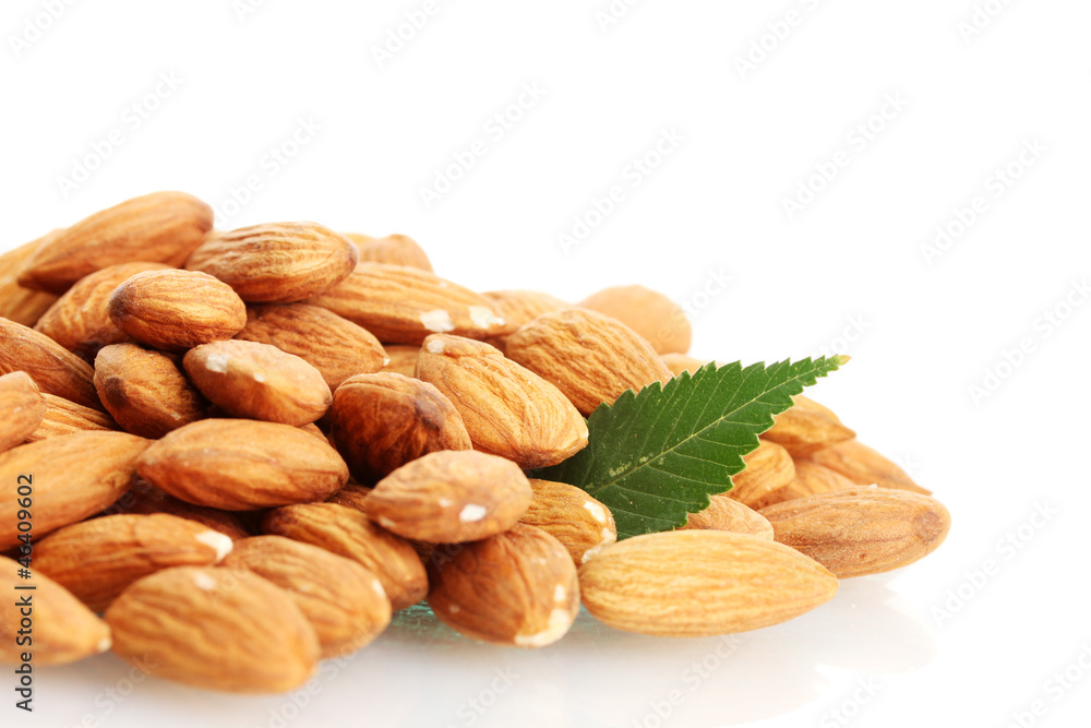 tasty almonds nuts with leaves, isolated on white tasty almonds nuts with leaves, isolated on white