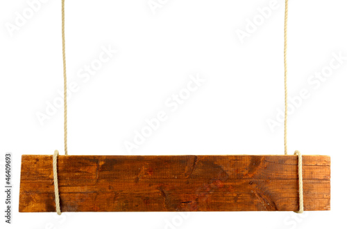 blank wooden sign hanging on rope, isolated on white