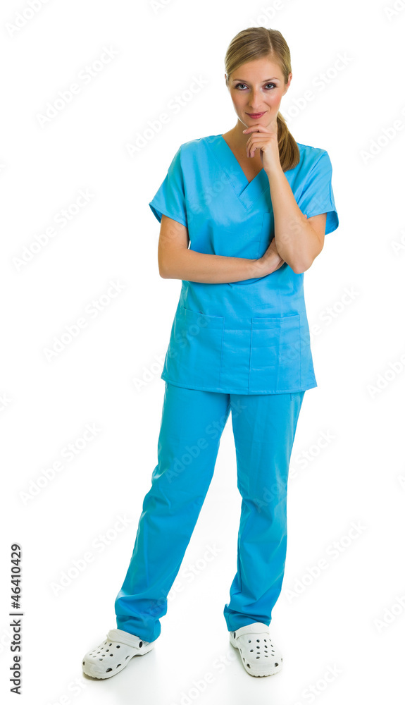 Fototapeta premium Woman in medical doctor suit isolated on white