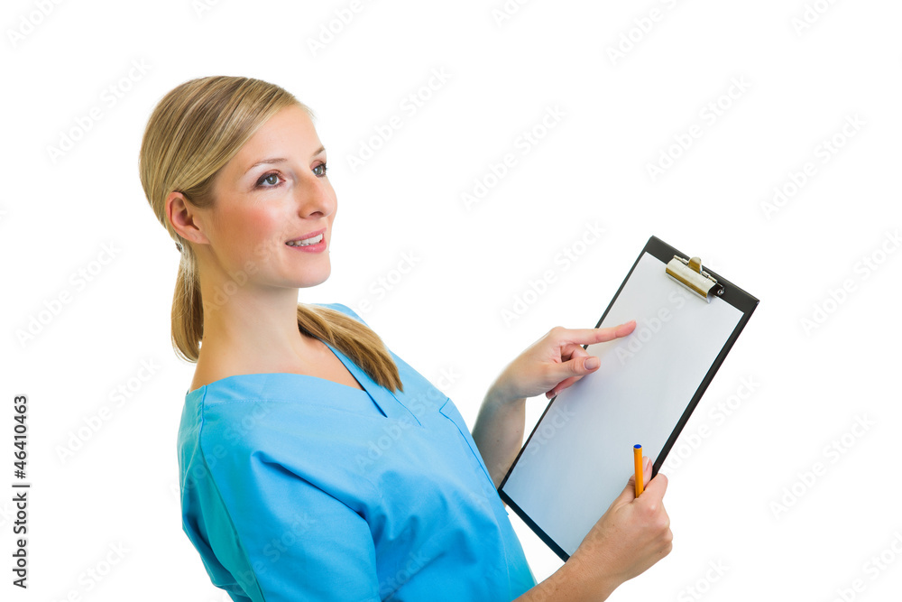 Woman in medical doctor uniform holding clipboard Woman in medical doctor uniform holding clipboard