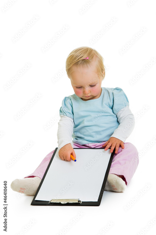 Toddler with a clipboard isolated on white Toddler with a clipboard isolated on white