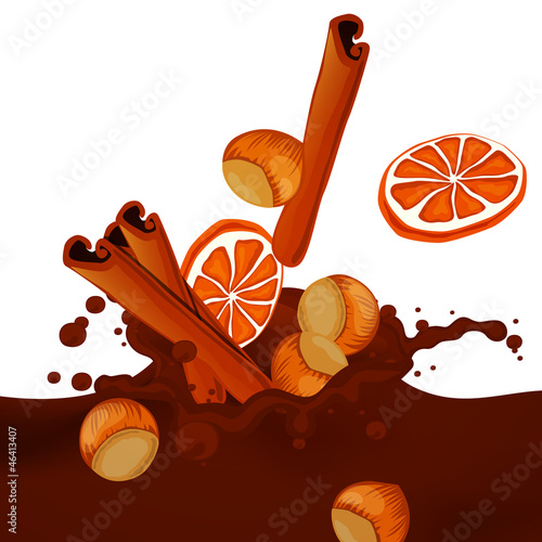 Vector Choco Splash with Hazelnuts, Oranges and Cinnamon