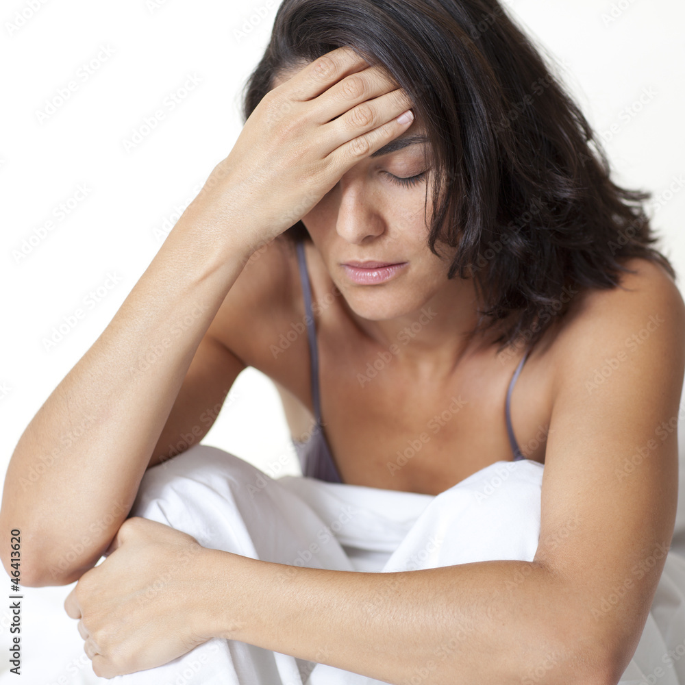 woman with hangover on white background woman with hangover on white background