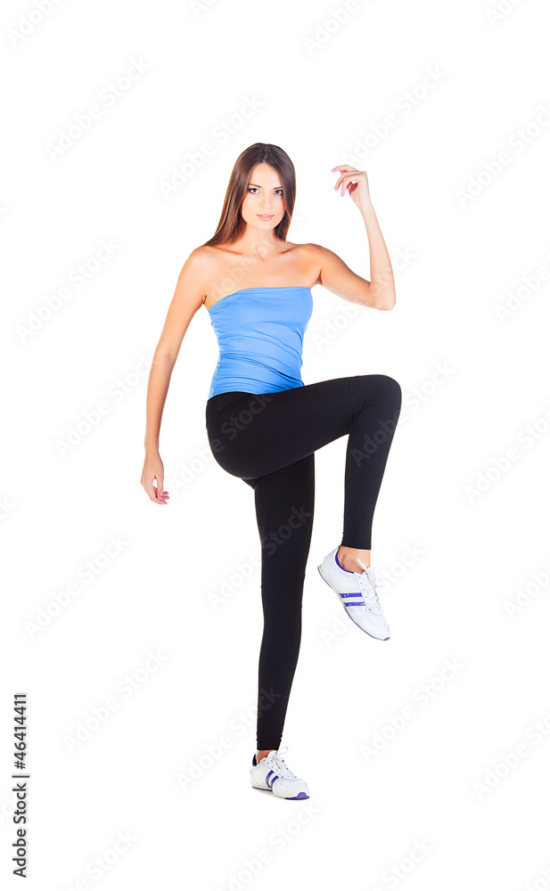 woman doing her gym exercise with one leg up