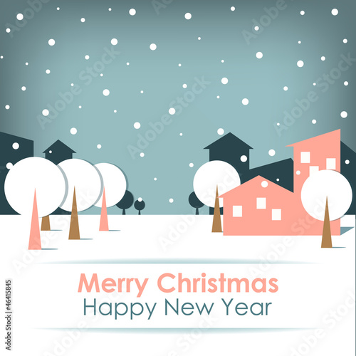 New Year's card on grey background with snow, trees and houses.