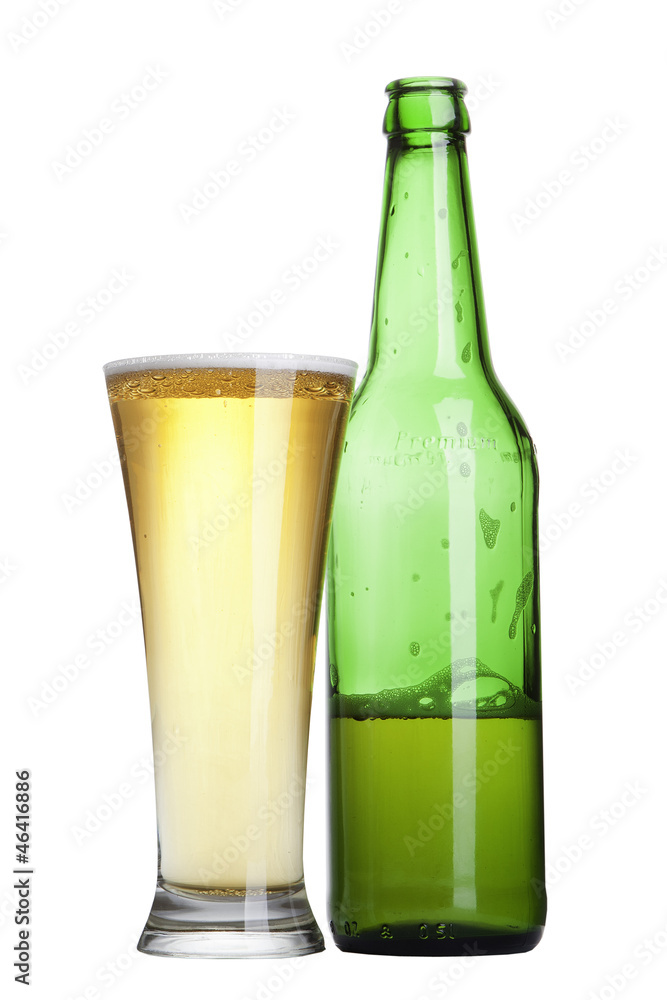 Beer in bottle and glass isolated on white Beer in bottle and glass isolated on white