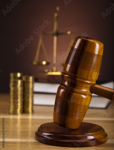 Law theme, mallet of judge, wooden gavel 