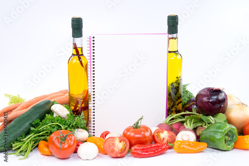 Fototapeta Naklejka Na Ścianę i Meble -  Paper for recipes with olive oil, tomatoes, garlic, mushroom.