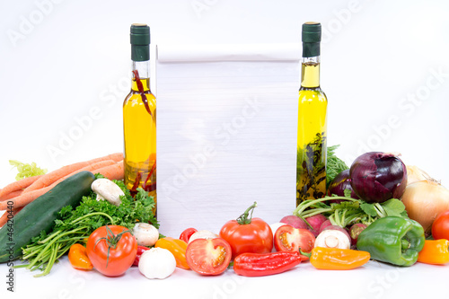 Fototapeta Naklejka Na Ścianę i Meble -  Paper for recipes with olive oil, tomatoes, garlic, mushroom.
