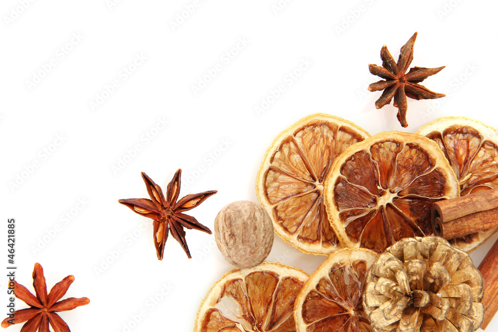 composition of christmas spices, isolated on white composition of christmas spices, isolated on white