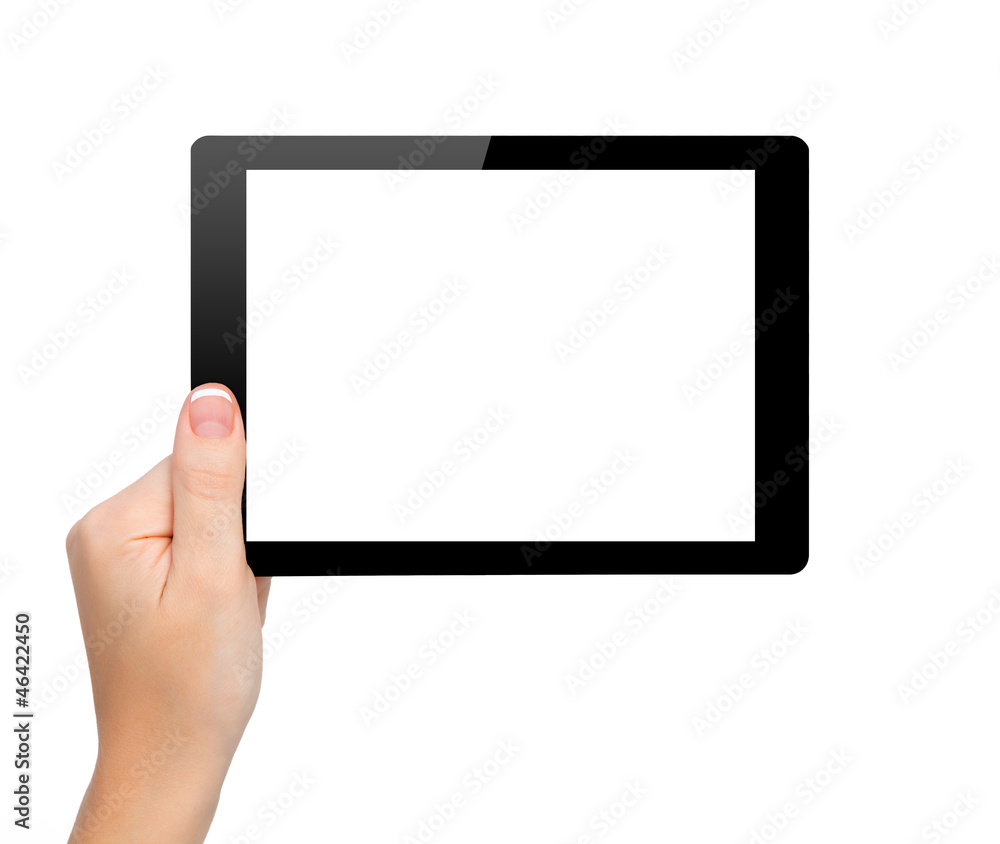 woman hand hold a mini tablet with isolated screen woman hand hold a mini tablet with isolated screen