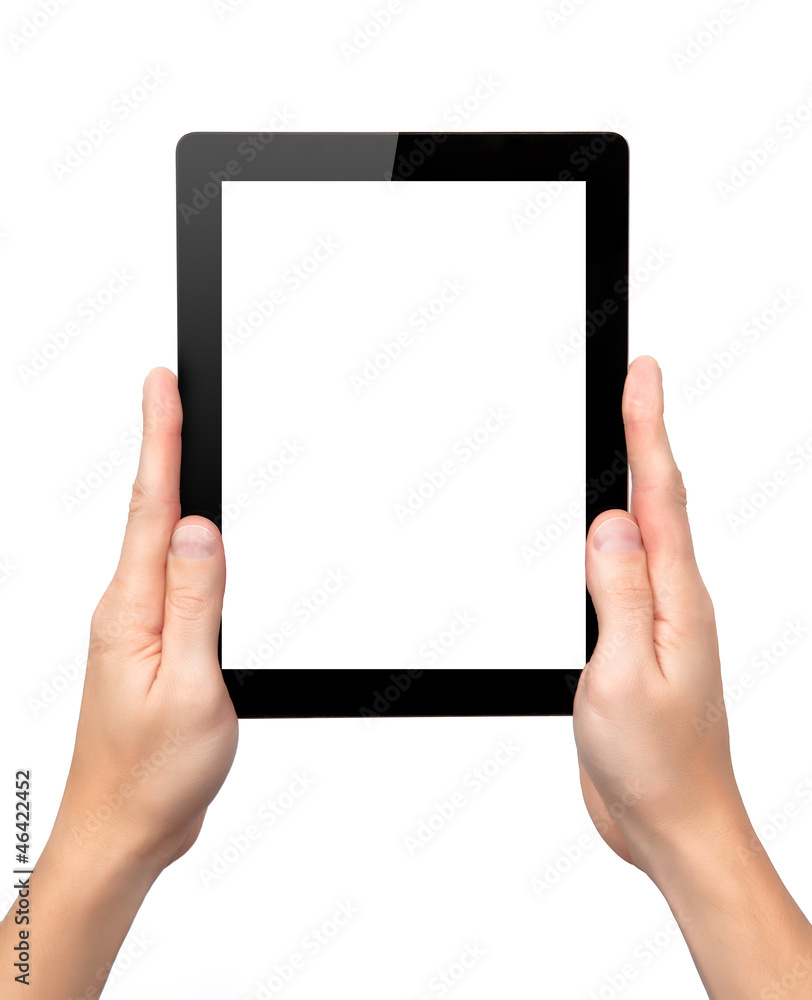 man hands hold a tablet with isolated screen man hands hold a tablet with isolated screen
