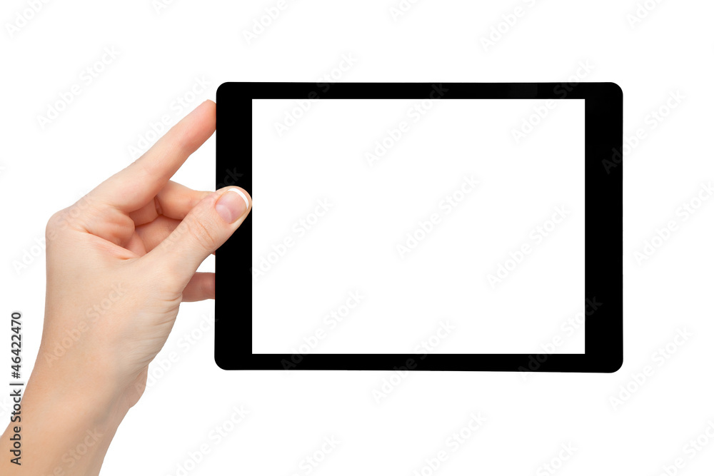 woman hand hold a mini tablet with isolated screen woman hand hold a mini tablet with isolated screen