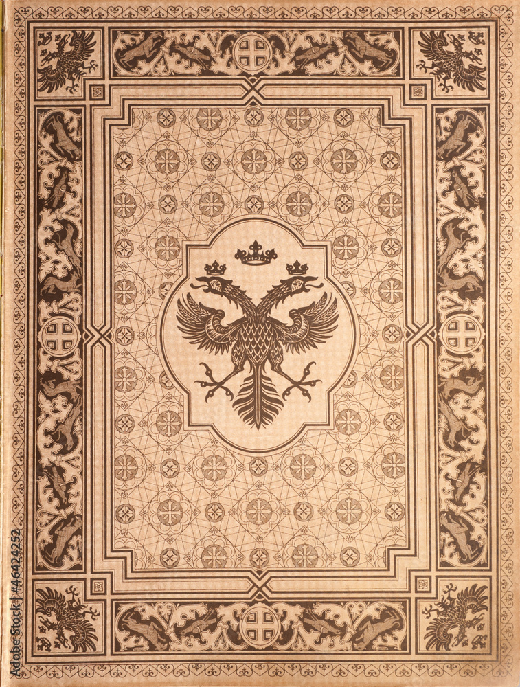 Vintage floral pattern, two-headed eagle coat of arms on paper.