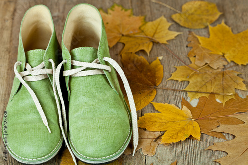 Fotografie pair of green leather boots and yellow leaves