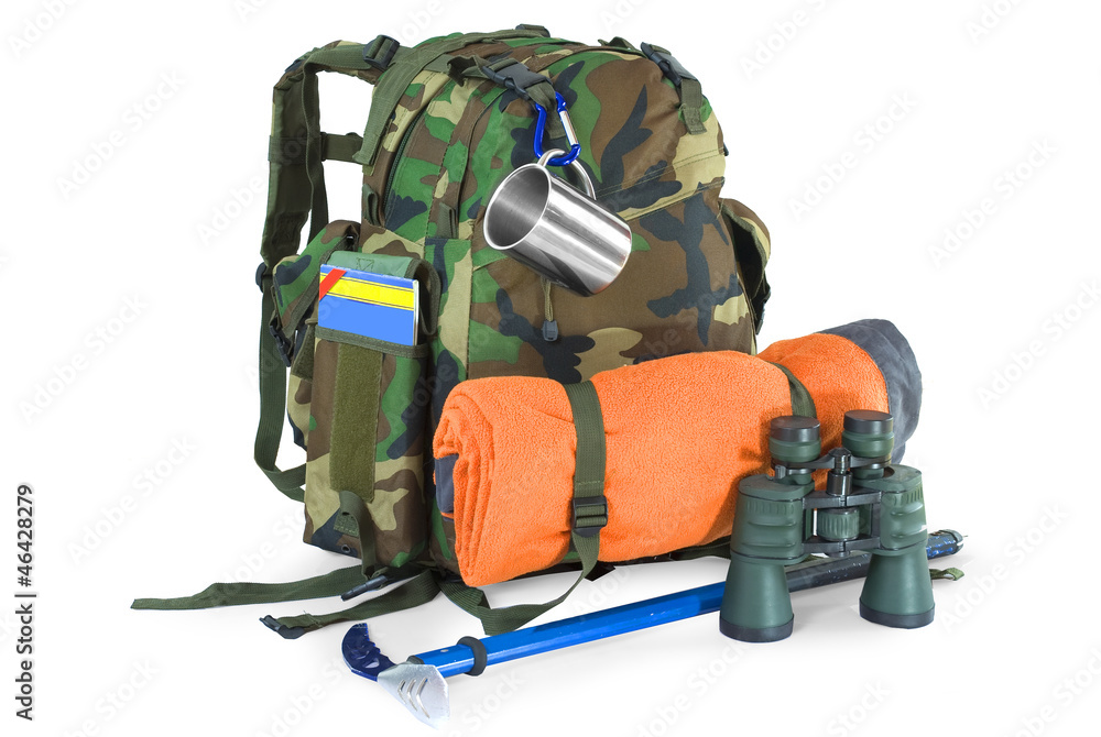 Military or survival hunters backpacks set isolated on white Military or survival hunters backpacks set isolated on white
