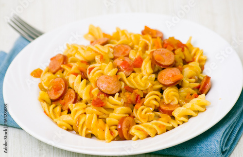 Fusilli pasta with smoked sausage and vegetables