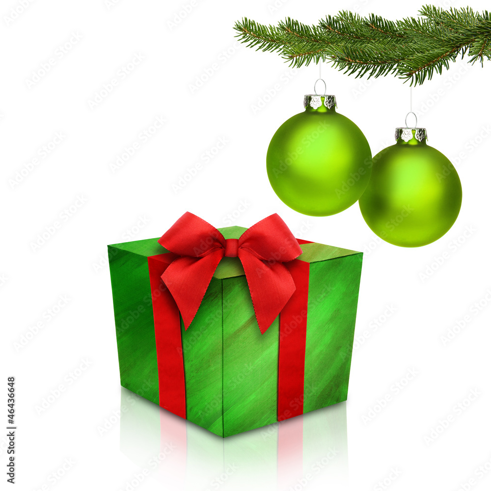 Grüne Christbaumkugeln mit Geschenk Grüne Christbaumkugeln mit Geschenk