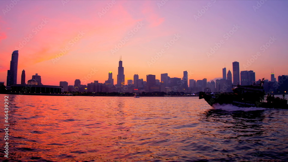 Nautical vessel Lake Michigan at sunset Chicago, USA Nautical vessel Lake Michigan at sunset Chicago, USA
