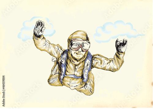Skydiving, parachutist. Hand drawing into vector
