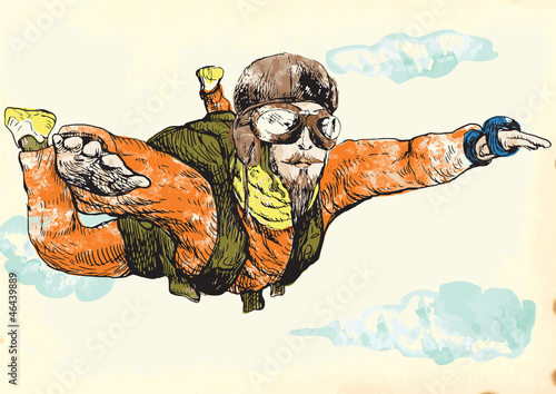 Skydiving, parachutist. Hand drawing into vector