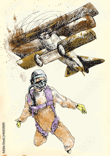Skydiving, parachutist. Hand drawing into vector