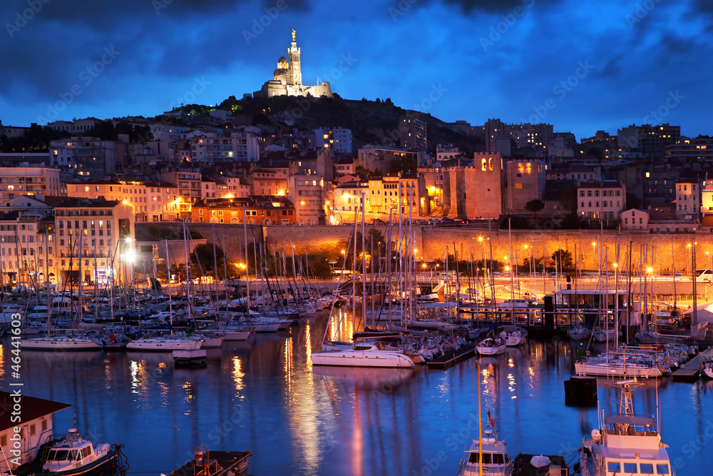 Marseille, France panorama at night, the harbour.