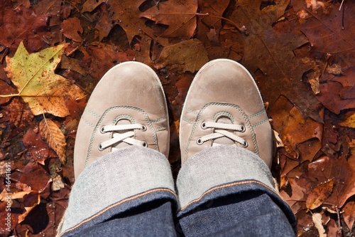 Pair of leather boots and yellow leaves