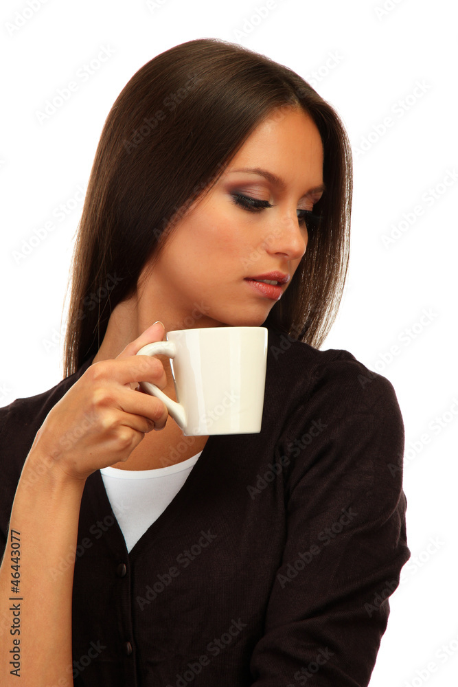 beautiful young woman with cup of coffee, isolated on white beautiful young woman with cup of coffee, isolated on white