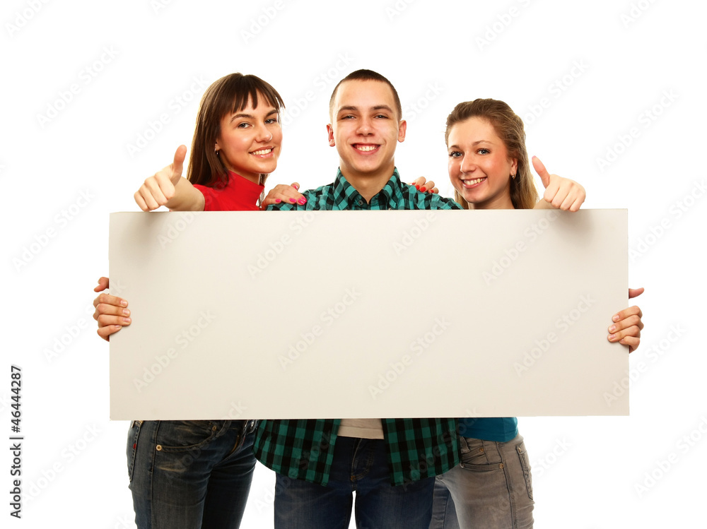 The group of young people holds the empty board The group of young people holds the empty board