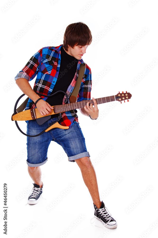 Portrait of handsome man posing on white background with guitar Portrait of handsome man posing on white background with guitar