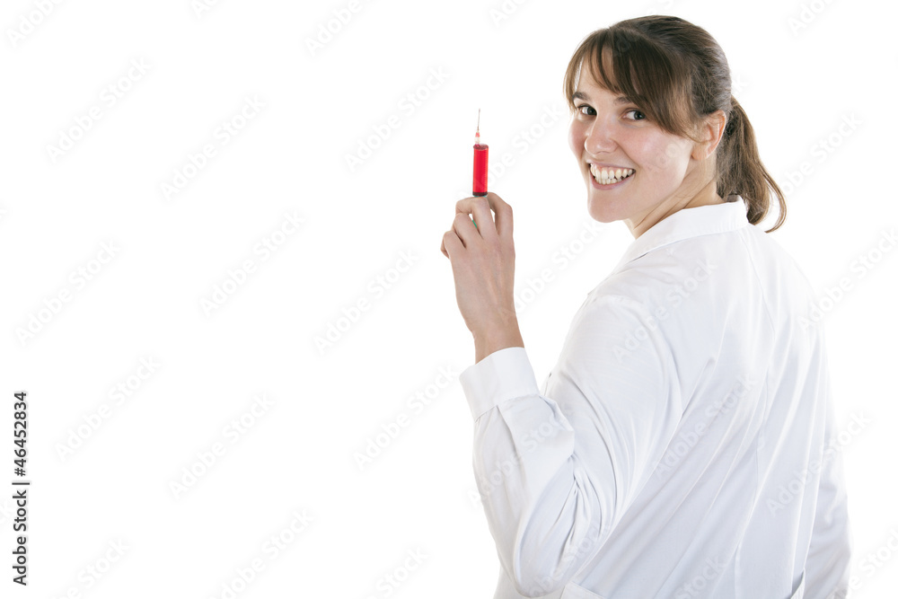 nurse with a syringe filled with red liquid nurse with a syringe filled with red liquid
