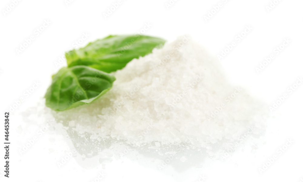 salt with fresh basil isolated on white salt with fresh basil isolated on white