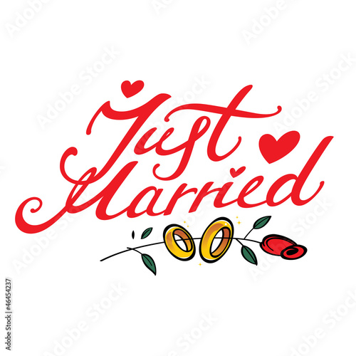 Just Married - wedding golden ring and red rose flower