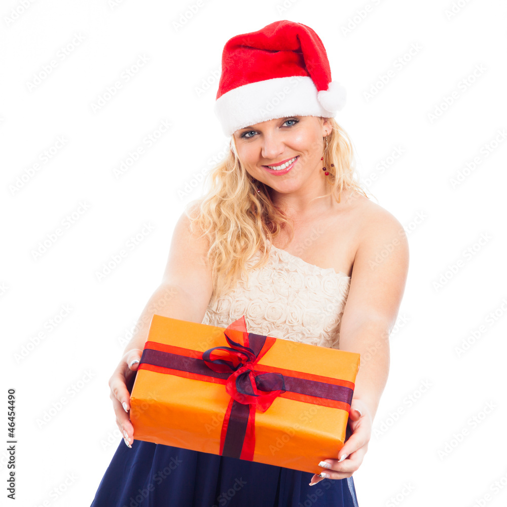 Attractive happy woman Santa with Christmas gift Attractive happy woman Santa with Christmas gift