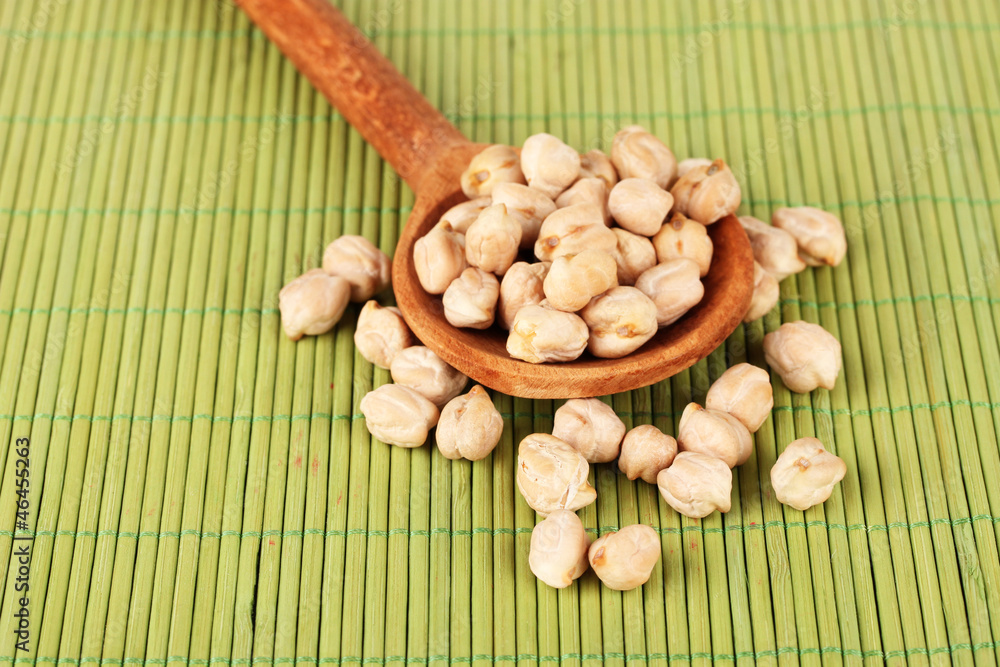 White chickpeas over wooden spoon on color background White chickpeas over wooden spoon on color background