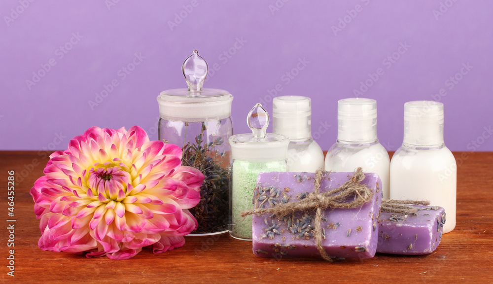 ingredients for soap making on violet background ingredients for soap making on violet background